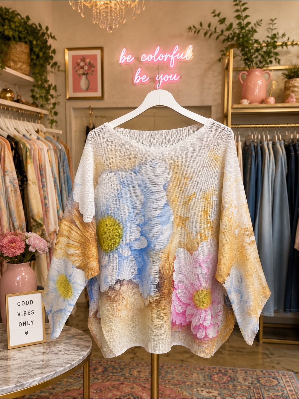 Floral Oversized Scoop Neck Sweater - Multicolor